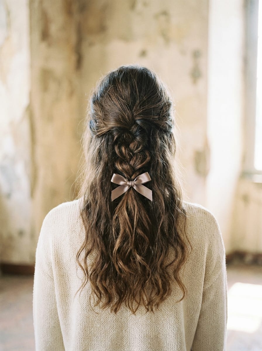 Halboffene Flechtfrisur mit Haarschleife - Halboffene Flechtfrisur